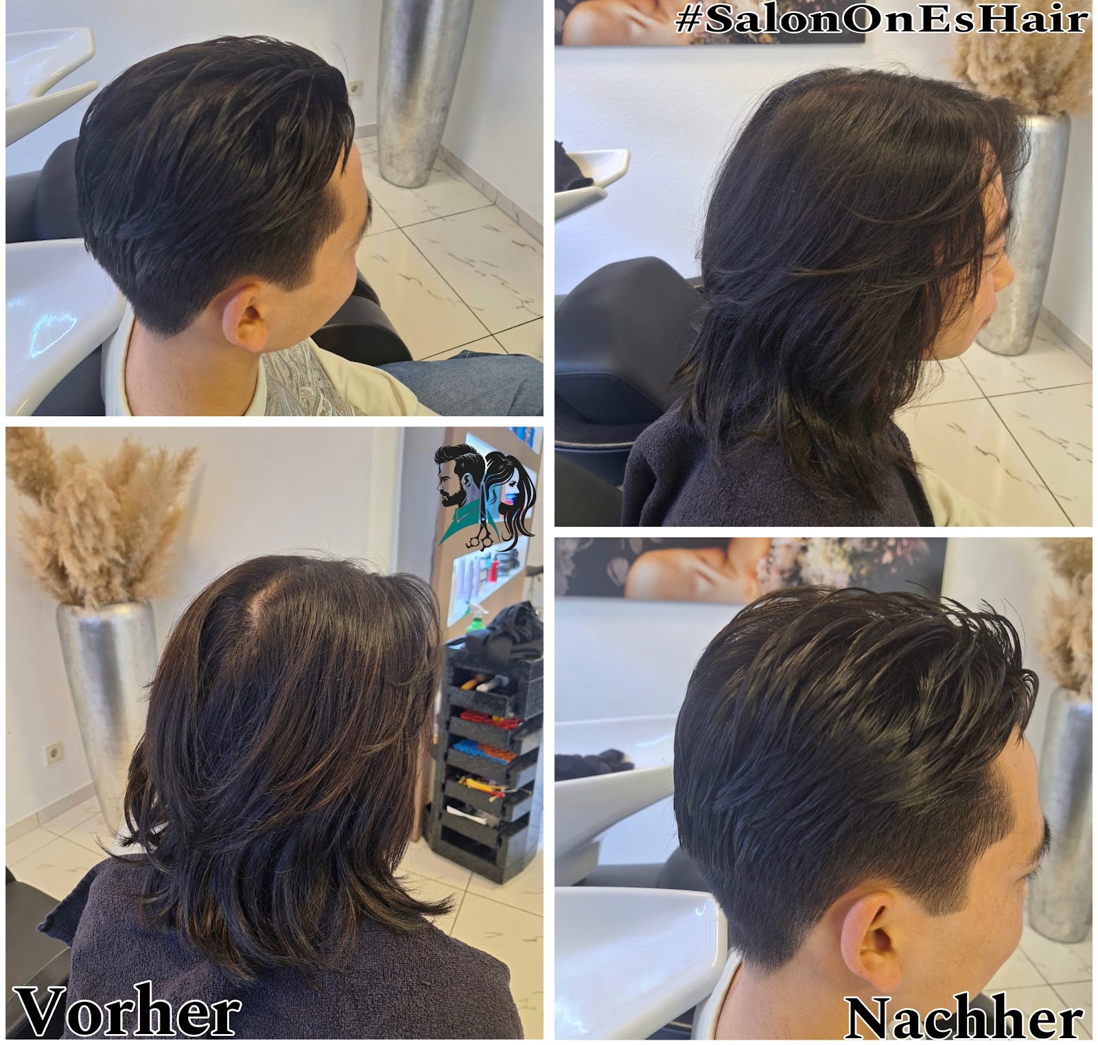 Vorher-Nachher Modern Mullet – von langen, welligen Haaren zu kurzem, strukturiertem Schnitt