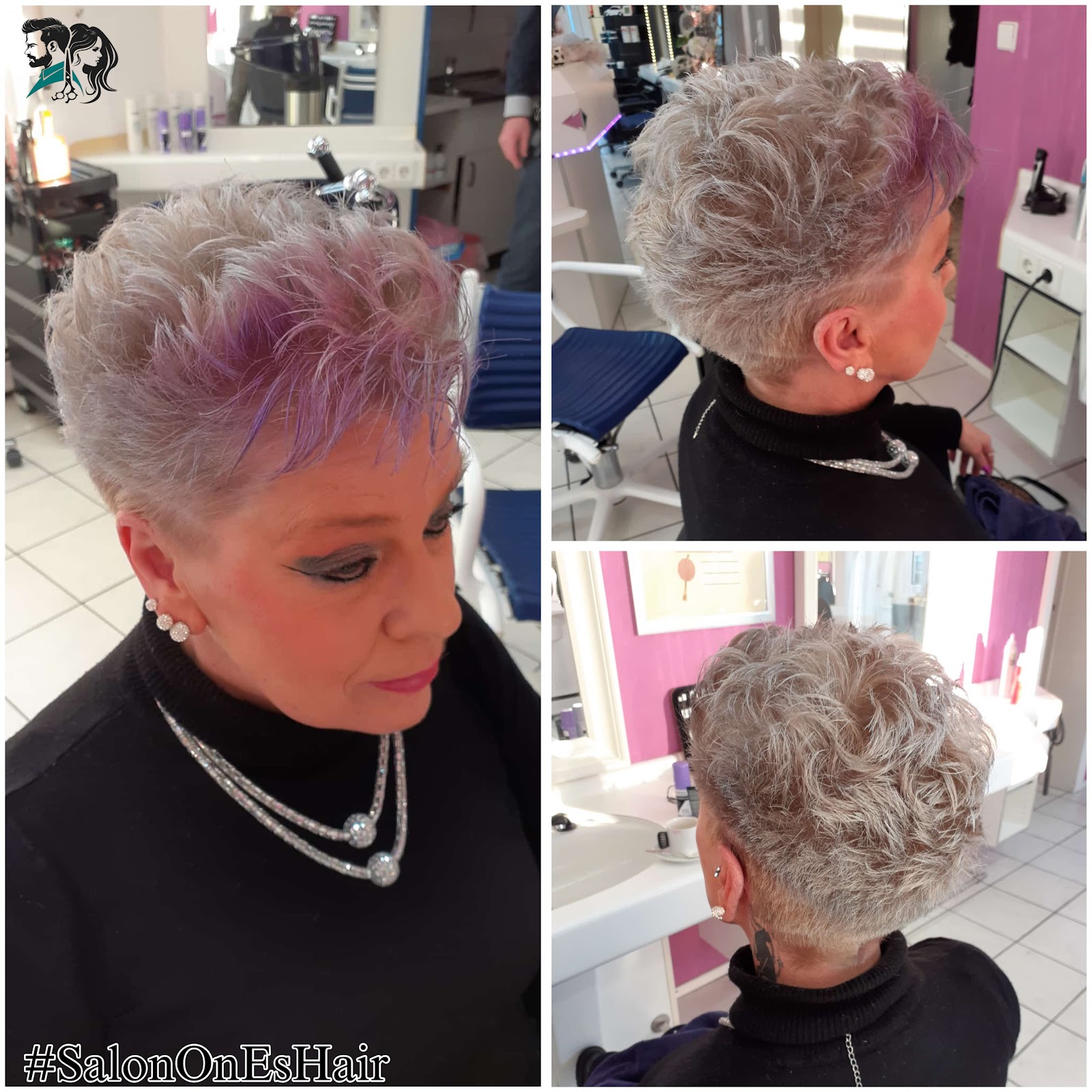 Moderner Pixie-Cut mit pink-violetten Akzenten und rasierten Seiten in Platinblond